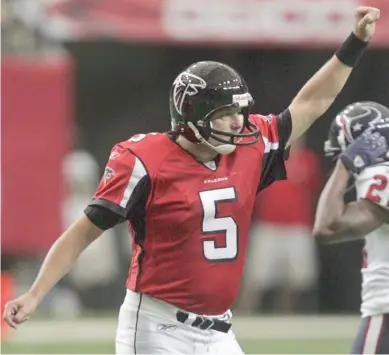  ?? (Photo by John Bazemore, AP file) ?? In this Sept. 30, 2007, file photo, Atlanta Falcons kicker Morten Andersen reacts after kicking a field goal in the fourth quarter of a game against the Houston Texans.