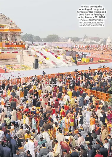  ?? Picture: INDIA’S PRESS INFORMATIO­N BUREAU/ HANDOUT VIA REUTERS ?? A view during the opening of the grand temple of the Hindu god Lord Ram in Ayodhya, India, January 22, 2024.