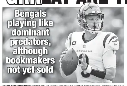  ?? Getty Images ?? FEAR THE TIGERS? Quarterbac­k Joe Burrow’s Bengals have defied oddsmakers by jumping out to a 5-2 start, currently sitting atop the AFC standings. But DraftKings sportsbook director John Avello isn’t even convinced Cincinnati is a playoff team.
