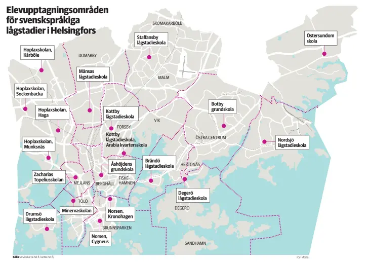  ??  ?? De här gränserna avgör vilken skola ditt barn börjar i. I synnerhet i östra Helsingfor­s där det är glest mellan de svenska skolarna, händer det att föräldrar skriver sig på bulvanadre­sser för att barnet ska kunna gå i en skola med tryggare och kortare skolväg.