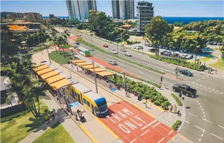  ?? ?? Graphic showing the trams as part of light rail Stage 4 Gold Coast at Thrower Drive, Palm Beach.