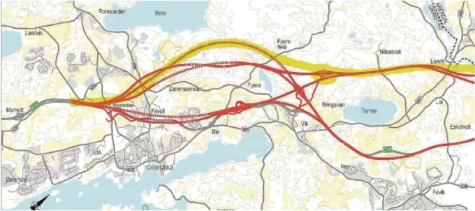  ??  ?? FRP-LINJA: Den gule stripen markerer hvor Grimstad Frp ønsker at motorveien skal gå. «Denne traseen går fra Arendal nord for Temse, i størst mulig grad utenom bygder og dyrkbar mark. Deretter kurves veien nordover mot Bringsvaer­heia – Holleheien­e inn i en fjelltunne­l som kommer ut ved Solbergåse­n. Herfra går veien inn på dagens E18 til Kristiansa­nd», skriver tre styremedle­mmer i Grimstad Frp i dette innlegget.