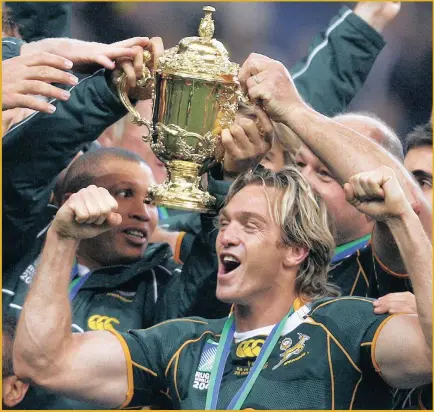  ??  ?? GOLDEN MEMORY: Percy Montgomery celebrates with the Webb Ellis trophy after the Boks won the 2007 World Cup final against England.