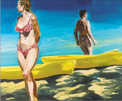  ?? Photograph­s by Gary Mamay ?? “A SURPRISING Sense of Urgency,” top, and “On the Beach,” both oil on linen from 2019 by Eric Fischl, emanate anxiety.