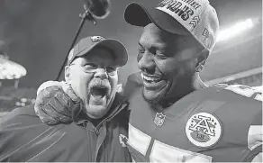  ?? BRYNN ANDERSON/ AP ?? Chiefs head coach Andy Reid celebrates with defensive end Frank Clark after the AFC championsh­ip game win.