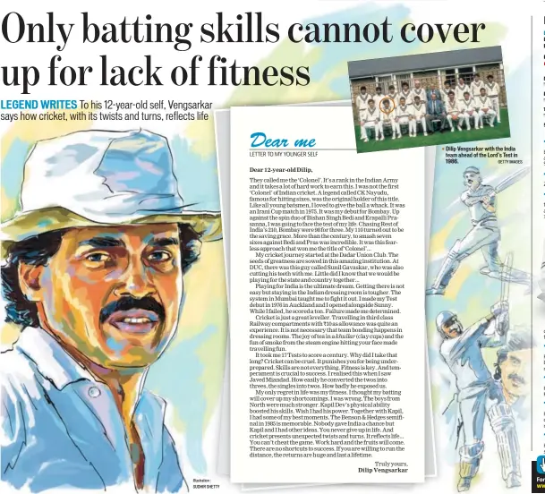  ?? GETTY IMAGES ?? Dilip Vengsarkar with the India team ahead of the Lord’s Test in 1986. Illustrati­on : SUDHIR SHETTY