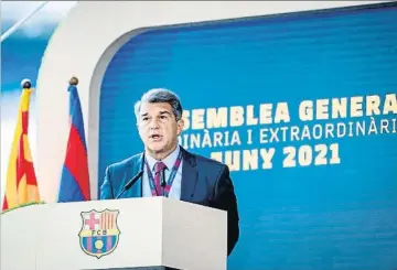  ?? GERMÁN PARGA / EP ?? Joan Laporta, president del FC Barcelona, durant una de les intervenci­ons