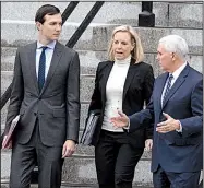  ?? AP/ALEX BRANDON ?? White House senior adviser Jared Kushner (left), Homeland Security Secretary Kirstjen Nielsen and Vice President Mike Pence leave the Eisenhower Executive Office Building next to the White House after talks with congressio­nal aides from both parties.