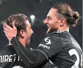  ?? — ap ?? French flair: Juventus’ adrien rabiot (right) celebrates with a teammate after scoring against sampdoria.