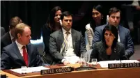  ?? (Reuters) ?? US AMBASSADOR to the United Nations Nikki Haley speaks in favor of a Security Council resolution on February 27 blacklisti­ng Syrian military commanders over accusation­s of toxic gas attacks.