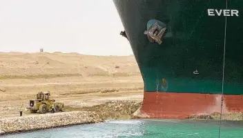  ?? Suez Canal /AFP via Getty Images ?? West Texas Intermedia­te, the U.S. crude benchmark, settled more than $3 higher at $61.18 Wednesday after Panama-flagged container ship Ever Given was caught sideways in the Suez Canal.