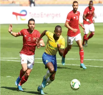  ?? Images /Gallo ?? Peter Shalulile of Mamelodi Sundowns with ball possession during the CAF Champions League match between Mamelodi Sundowns and Al Ahly SC at FNB Stadium last Saturday Sundowns won the match 1-0.