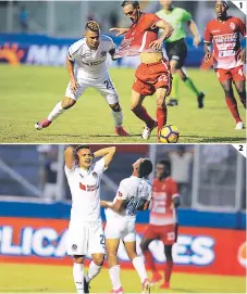  ??  ?? (1) Alexander López y Osman Melgares pugnan por la pelota. (2) Roger Rojas se lamenta por un balón que no quiso entrar.