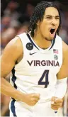  ?? RYAN M. KELLY/GETTY ?? Virginia guard Armaan Franklin celebrates after a shot against Duke earlier this season. Franklin leads the Cavaliers with 12.5 points a game.