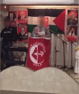  ?? (YouTube) ?? A SUPPORTER of the PFLP speaks at the terrorist organizati­on’s anniversar­y celebratio­n in Berlin on Monday.