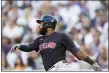  ?? CARLOS OSORIO — THE ASSOCIATED PRESS ?? Indians DH Franmil Reyes follows through on a RBI single during the fifth inning Aug. 14.