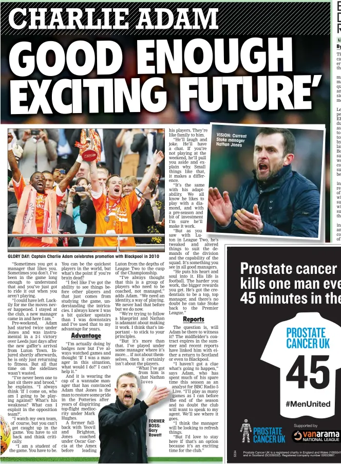  ??  ?? GLORY DAY: Captain Charlie Adam celebrates promotion with Blackpool in 2010 FORMER BOSS: Gary Rowett VISION: Current Stoke manager Nathan Jones