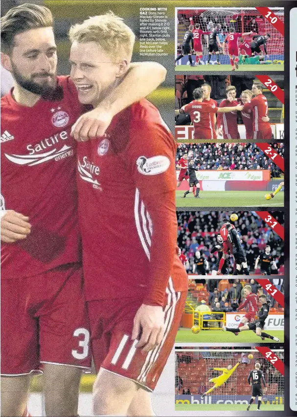  ??  ?? COOKING WITH GAZ
Dons hero Mackay-Steven is hailed by Shinnie after making it 2-0 and 4-1, below right. Rooney nets first, right, Stanton pulls one back, below, but McLean helps Reds over the line before late McMullan counter