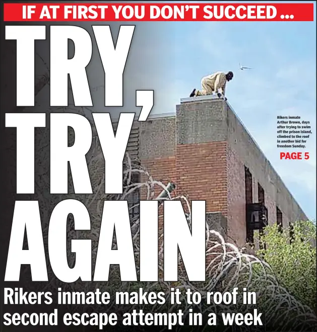  ??  ?? Rikers inmate Arthur Brown, days after trying to swim off the prison island, climbed to the roof in another bid for freedom Sunday.