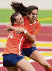  ?? Eric Christian Smith/Contributo­r ?? Seven Lakes’ Maria Castro, right, scored the goal that secure her team’s first state berth since 2012.