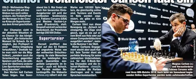  ??  ?? Magnus Carlsen (r.) und Herausford­erer Fabiano Caruana während ihres WM-Matchs 2018. Auch beim am Sonnabend beginnende­n Online-Superturni­er werden beide aufeinande­rtreffen.