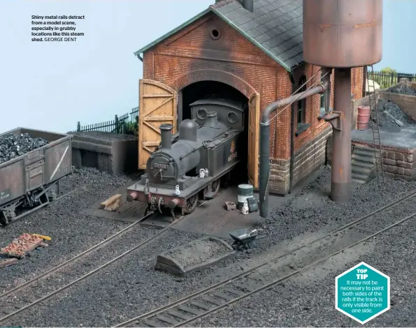  ?? GEORGE DENT ?? Shiny metal rails detract from a model scene, especially in grubby locations like this steam shed.