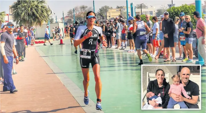  ?? HELEN JENKINS/SWAY COMMUNICAT­IONS ?? Welsh triathlete Helen Jenkins on her way to fourth place at the Dubai 70.3 half Ironman triathlon on Friday, February 7 and, inset, with husband Marc and children Mali and Max