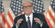  ?? HONS—ASSOCIATED PRESS ?? In this image from video, former New York City Mayor Rudy Giuliani, personal attorney to President Donald Trump speaks from New York, during the fourth night of the Republican National Convention on Thursday, Aug. 27, 2020.