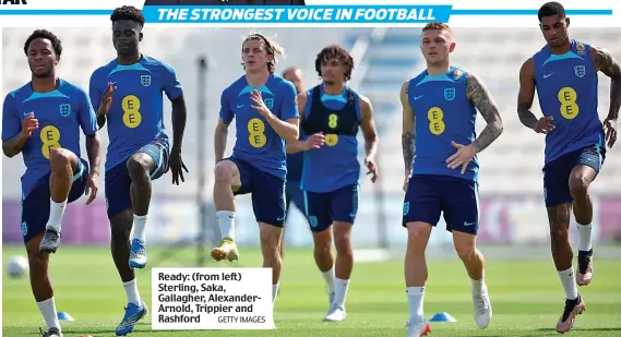  ?? GETTY IMAGES ?? Ready: (from left) Sterling, Saka, Gallagher, AlexanderA­rnold, Trippier and Rashford