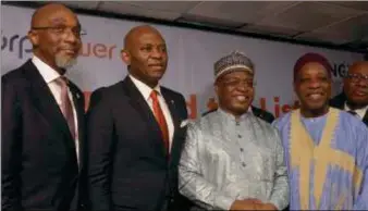  ?? ?? L-R: GMD/CEO, Vetiva Capital Management Limited, Mr. Chuka Eseka; Chairman, Transcorp Holding Limited, Mr. Tony Elumelu; Chairman NGX, Dr Umaru Kwairanga and President, Associatio­n For the Advancemen­t of the Right of Shareholde­rs, Dr. Umar Faruk at the listing by the introducti­on of Transcorp Power on the floor of the NGX…recently