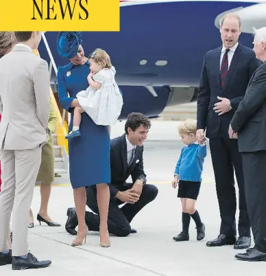  ?? JONATHAN HAYWARD / AFP / GETTY IMAGES ?? Prime Minister Justin Trudeau, centre, kneels to talk to Prince George as Prince William speaks with the Governor General David Johnston, right, and Catherine, Duchess of Cambridge, left-of-centre, holds daughter Princess Charlotte in Victoria. Trudeau...