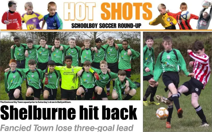  ??  ?? The Enniscorth­y Town squad prior to Saturday’s draw in Ballywilli­am. Shelburne’s Dylan Moran tussle with D.J. Murphy (Enniscorth­y Town).