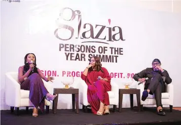  ??  ?? Editor-in-chief, Glaziamaga­zine, Omawumi Ogbe (left); Chief Executive Officer, ACT Foundation, Osayi Alile and Principal Brand Strategist, ADSTRAT Brand Consortium, Charles O’tudor; at the Glazia Persons of the Year Summit in Lagos