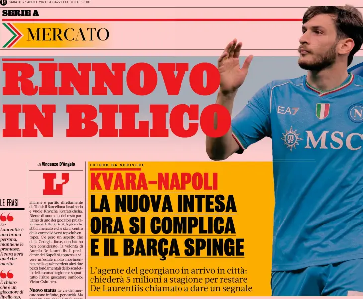  ?? GETTY ?? Talento georgiano Khvicha Kvaratskhe­lia, 23, attaccante, al secondo anno con la maglia del Napoli. Accanto Aurelio De Laurentiis, 74, presidente del Napoli
