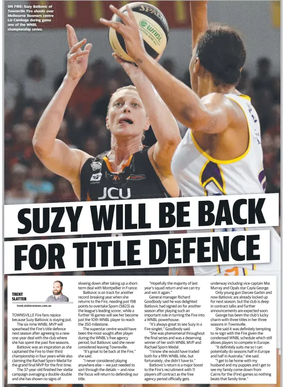  ??  ?? ON FIRE: Suzy Batkovic of Townsville Fire shoots over Melbourne Boomers centre Liz Cambage during game one of the WNBL championsh­ip series.