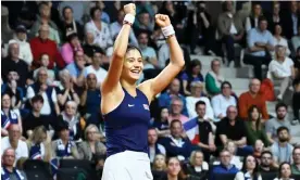  ?? Photograph: Aurélien Meunier/Getty Images for ITF ?? Emma Raducanu celebrates victory over Diane Parry, a win from which she gained ‘a lot of positivity’.