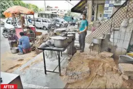  ?? SANCHIT KHANNA/HT PHOTO ?? Several illegal structures were demolished using heavy machinery in Govindpuri on Wednesday. Major portions of one such eatery was demolished during the drive. However, a day later on Thursday, the eatery was back on the footpath again.