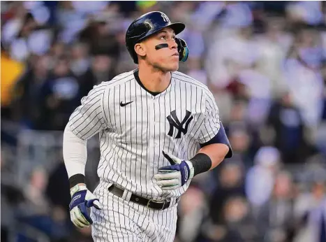  ?? Frank Franklin II/Associated Press ?? Yankees rightfield­er Aaron Judge watches his home run ball during the second inning of Game 5 of the ALDS against the Cleveland Guardians on Oct. 18 in New York.