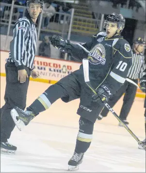  ?? JASON MALLOY/THE GUARDIAN ?? Charlottet­own Islanders forward Brett Budgell celebrates his first Quebec Major Junior Hockey League playoff goal Friday in the Isles’ 4-2 win over the Quebec Remparts.