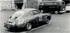  ??  ?? Below, clockwise from left: 1960 – Opel Blitz and Porsche 718/2 Formula 2 car at the factory; 1961 – fresh from victory at the Nürburgrin­g 1000km, Carrera GS/GT with factory VW transporte­r; 1963 – the famous MAN 415 with a valuable cargo in the form of two factory Abarth Carreras