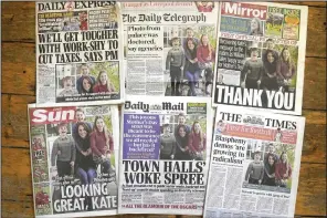  ?? ?? A montage of British newspapers that lead with the image of Kate, Princess of Wales, and her children is laid out in London on Monday.
(AP/Alastair Grant)