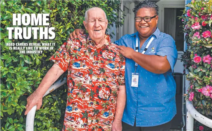  ??  ?? Menaville Nursing Home assistant in nursing Patricia Silao and resident John Mcinerney. Picture: Darren Leigh Roberts