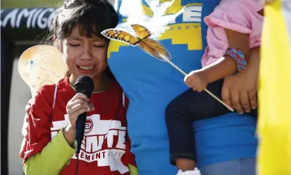  ??  ?? Akemi Vargas, eight, cries as she talks about being separated from her father during an immigratio­n protest in Arizona last year. Photograph: Ross D Franklin/AP