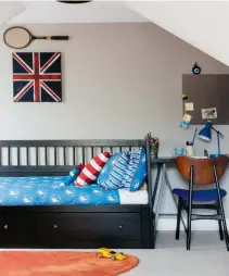  ??  ?? Below: Another Ikea daybed in Freddy’s room, with Seasalt linens. Sarah Jane’s mother knitted the Paddington teddy, and her father made the little racing car