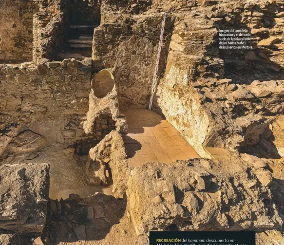 ?? ?? Imagen del completo hipocauso y el delicado suelo de la sala caliente de los baños árabes descubiert­os en Mértola.