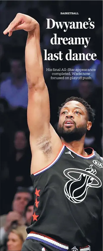  ?? STREETER LECKA / GETTY IMAGES / AFP ?? Dwyane Wade of the Miami Heat and Team LeBron follows through on a 3-point shot against Team Giannis in the opening quarter of Sunday’s NBA All-Star Game in Charlotte, North Carolina. Wade is set to retire after this season.