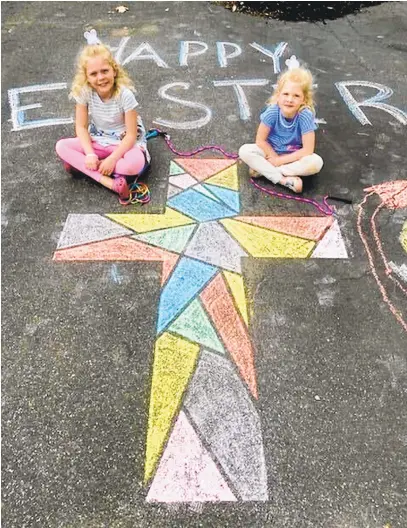  ?? COURTESY OF LEANNE BERGET ?? Marin and Norah Berget show their Easter creations. The sisters are the inspiratio­n for Sen. Ed Reilly’s Crofton Strong chalk art contest.