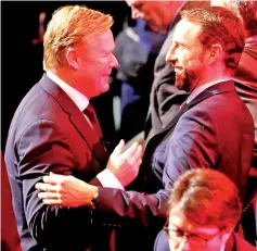  ??  ?? Netherland­s coach Ronald Koeman (left) and England manager Gareth Southgate after the draw at The Convention Centre, Dublin, Ireland. — Reuters photo