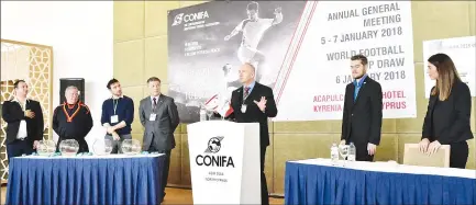  ??  ?? The draw for all four groups in the competitio­n took place in the presence of Conifa head Per-Anders Blind