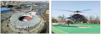  ?? PHOTOS BY YANG FEIYUE / CHINA DAILY ?? Left: The tourism helicopter flies over the Bird’s Nest, the main venue of the 2008 Beijing Olympic Games. Right: The new low-altitude tourism flight offers unique views of Beijing.